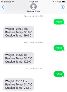 SMS texts from the hive. Notice time and weight increase.