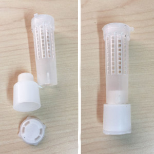 Left picture shows hair roller, queen candy and cap. Right picure shows the assembled introduction cage.
